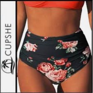Cupshe high waist shirred rose floral bikini bottom black XS